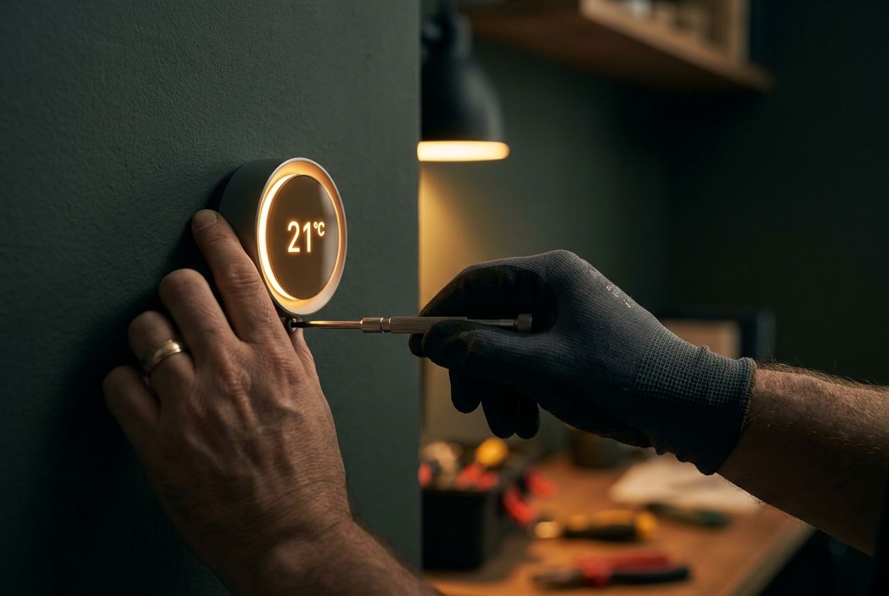 Hands installing a Nest device, its ring glowing amber